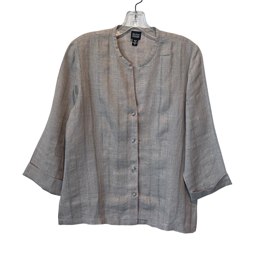Eileen Fisher 100% Irish Linen Button Front Top Neutral Taupe 3/4 Sleeve Small